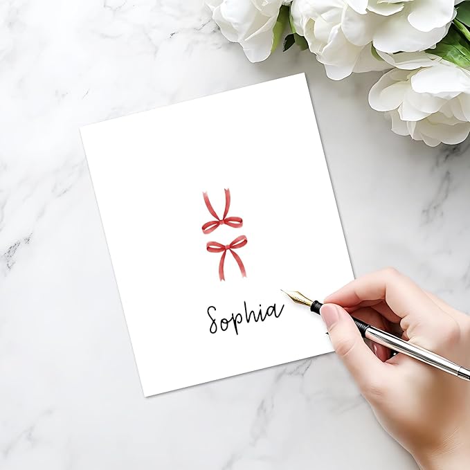 25 Pack Red Bow Place Cards, Editable Name Cards for Table Setting, Cute Tent Cards Food Label for Dinner Party, Bridal Shower, Wedding, Baby Shower and Events -T33