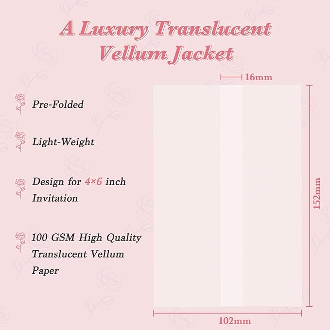 120 Pack Pre-Folded Vellum Jackets for 4x6 Invitations, Translucent Vellum Paper 4x6 Jackets, 100GSM Wedding Invitations Wraps, Envelope Liners for Birthdays, Baby Showers