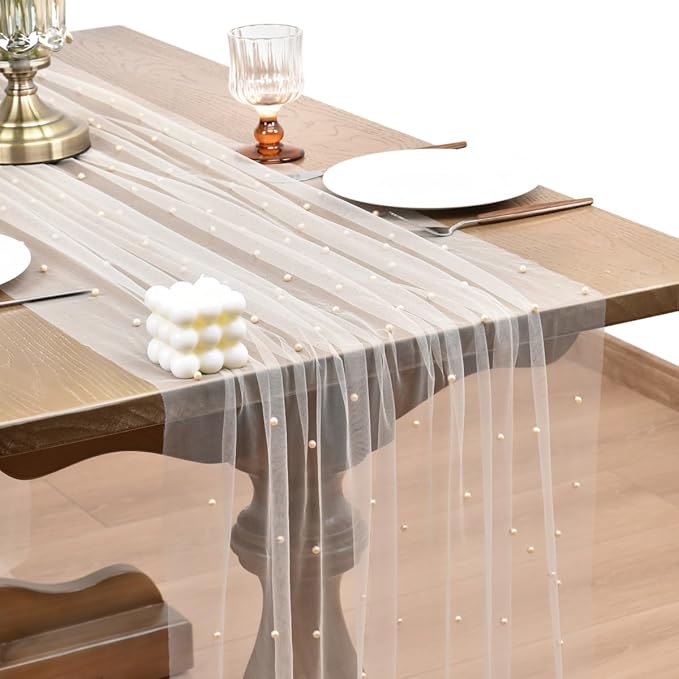 Joanlody Fall Pearl Table Runner 10ft Rustic Boho Tulle Table Runner with Pearls for Baby Shower Wedding Party Veil Dessert Thanksgiving Table Decor Champagne