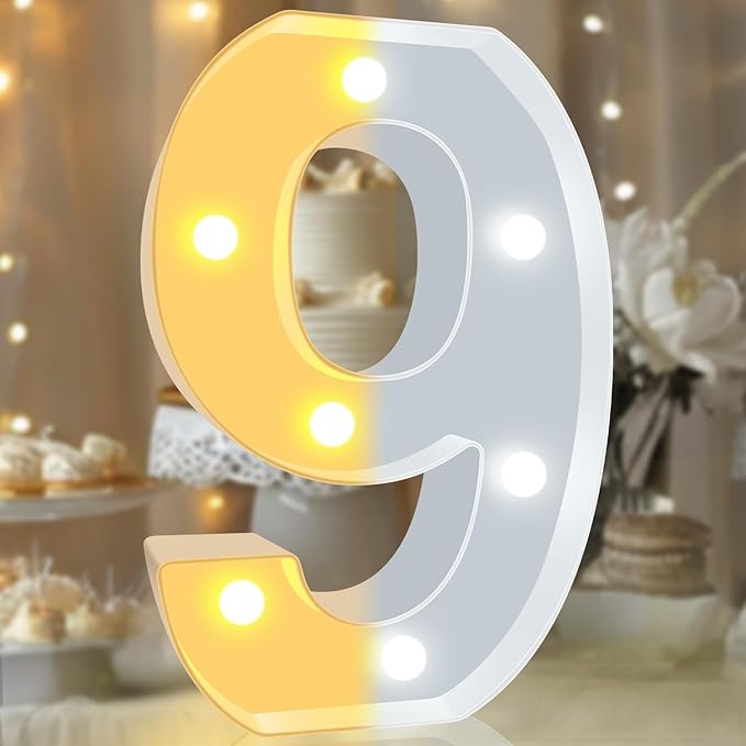 Pooqla LED Light Up Numbers, Warm White and Cool White Decorative Lighted Marquee Numbers for 9th Birthday Party, Gift for Boys Girls, Wedding, Night Light, 9th Birthday Decoration, Number 9