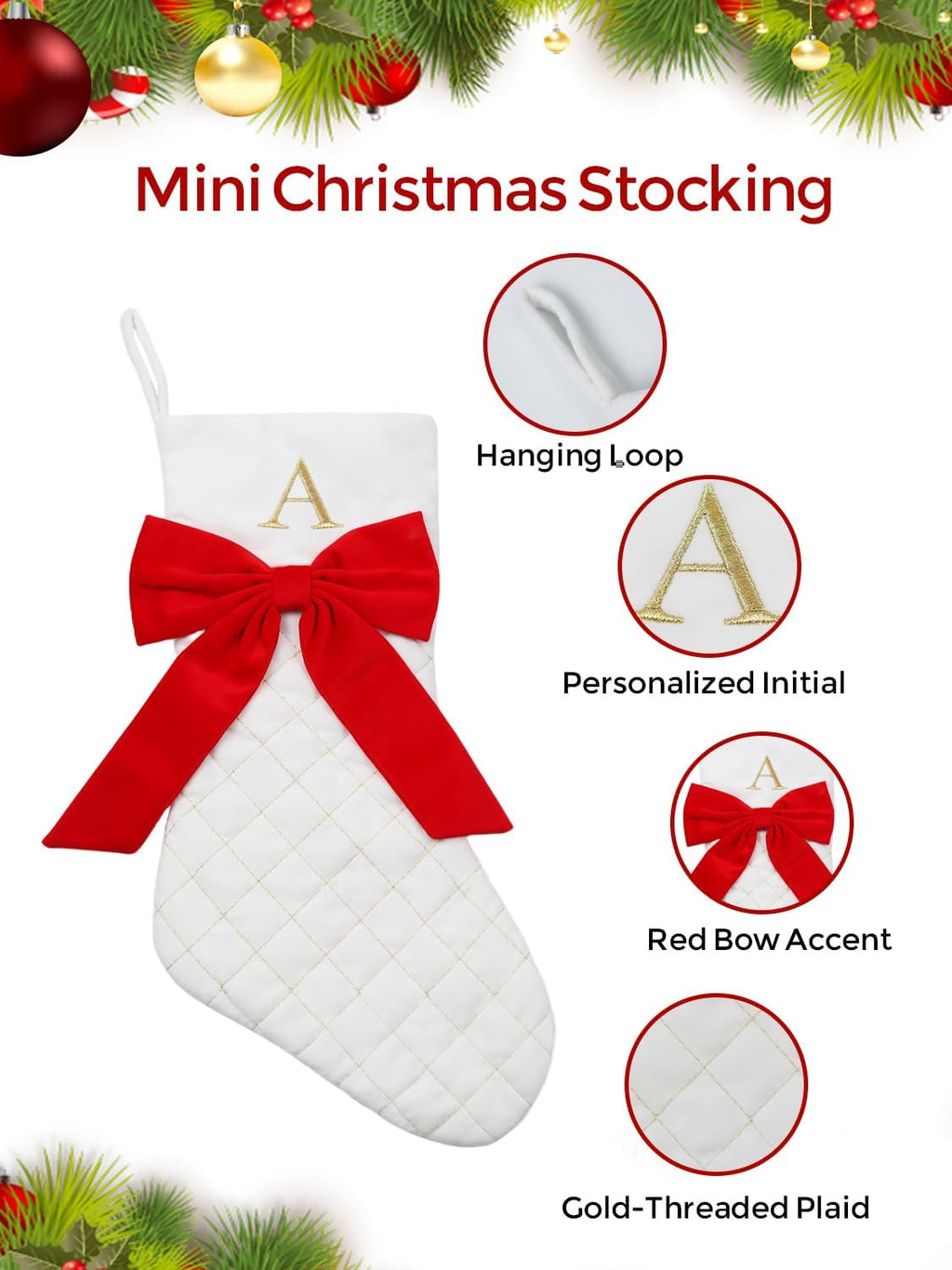 Personalized Christmas Stockings 20 Inch Large, White Xmas Stocking with Gold Embroidered Initial and Red Bow, for Christmas Tree Fireplace Holiday Decor (M)