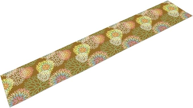 Brown Grey Dahlia Flower Table Runner, Linen Geometric Pattern Floral Table Decor Spring Farmhouse Decorations for Kitchen Dining Holiday Party Decor, 13x108 Inch