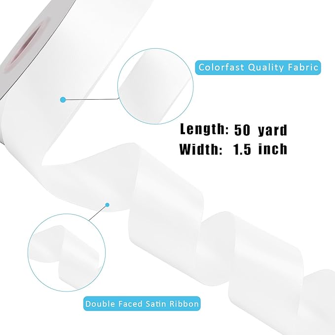 LaRibbons 1 1/2 Inch 50 Yard Double Faced Satin Ribbon,White Satin Craft Fabric Ribbon for Gift Wrapping Floral Bouquets Wedding Party Decoration