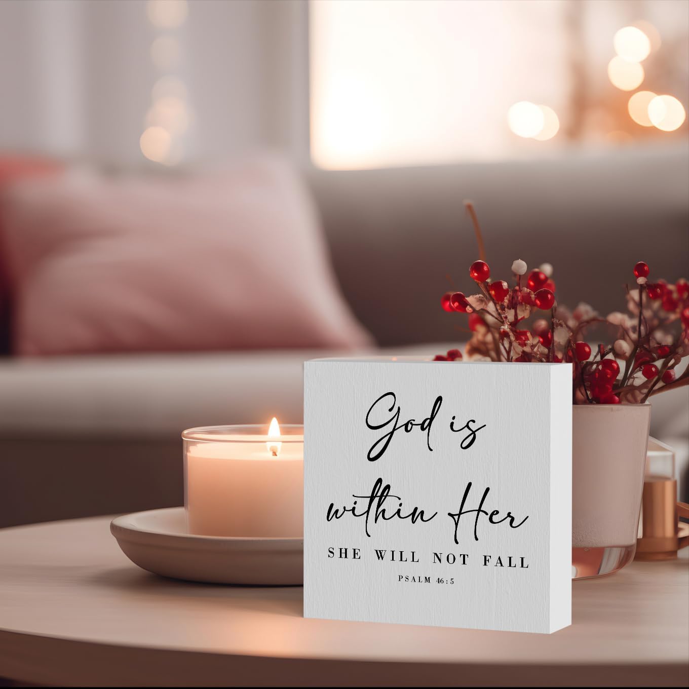 God Is Within Her Bible Verse Artwork Wooden Box Sign Rustic Farmhouse Style Psalm 46:5 Christian Wood Block Plaque 5 X 5 Inches Home Office Desk Sign Decor for Gifts