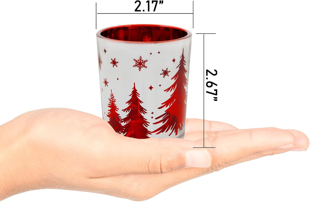 Christmas Candle Holders 12PCS, Silver Red Votive Tealight Candle Holders with Carved Christmas Trees for Xmas Table Centerpiece Decor