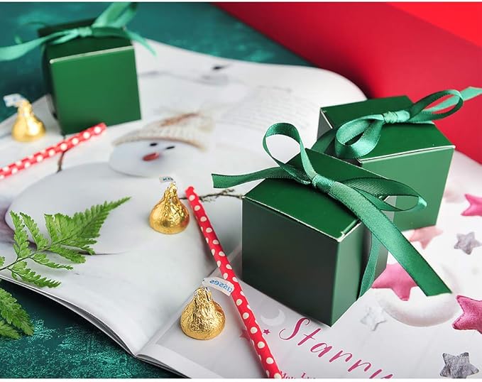AWELL Dark Green Gift Candy Box Bulk 2x2x2 inches with Green Ribbon Party Favor Box,Pack of 50