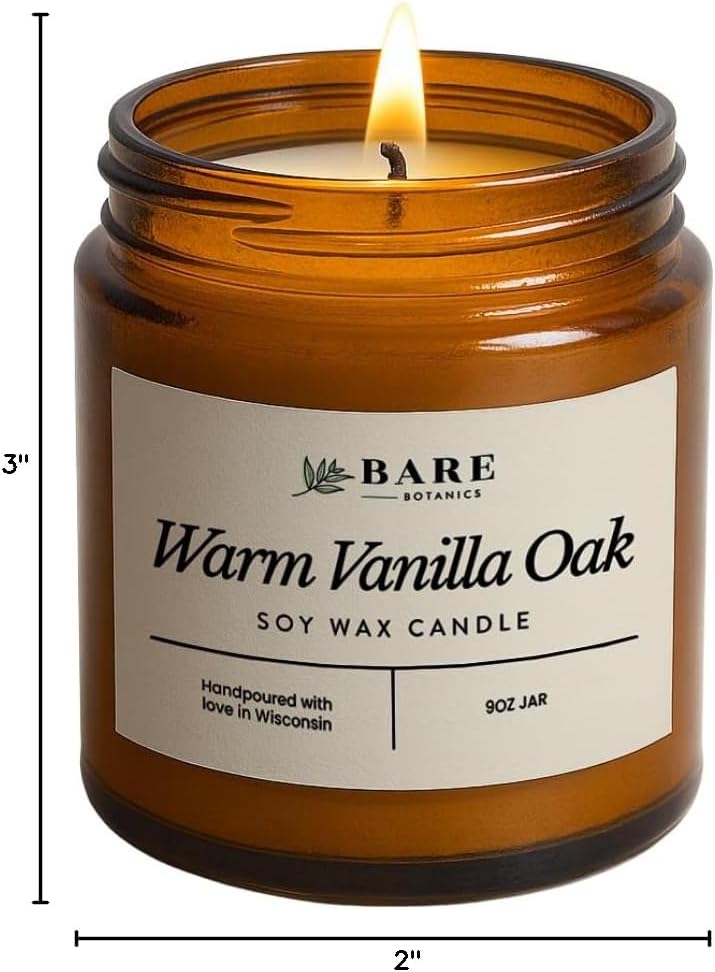 Bare Botanics 9oz Non Toxic Soy Candle Warm Vanilla Oak - 40+ Hour Burn | 100% Plant-Based Fragrance Oils | Handpoured in Wisconsin | Clean-Burning Soy Wax