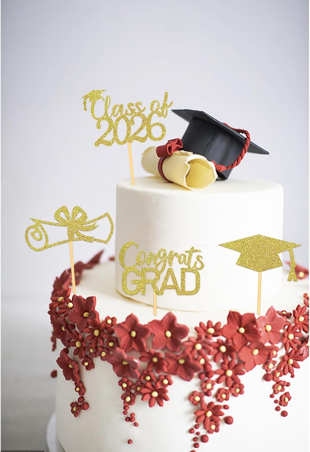 2026 Graduation Theme Cupcake Toppers Glitter Class of 2026 Graduation Cap Diploma Cupcake Picks - Set of 24 (Gold)