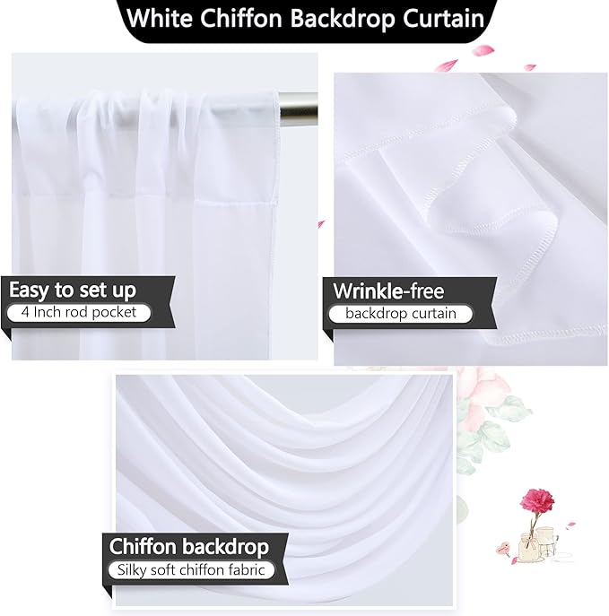 PARTISKY 10x10ft White Chiffon Sheer Backdrop Curtains (2 Panels 5x10ft Each) -Wrinkle-Free Drapes for Wedding, Birthday Party & Photography Stage Decor
