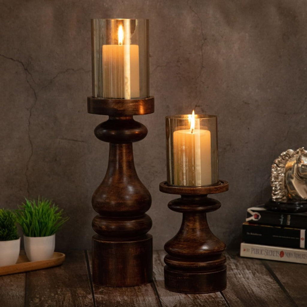 Wood Candle Holders Set of 2 Farmhouse Boho Pillar Candle Stands with Glass Covers Handmade Wooden Table Centerpiece Decor