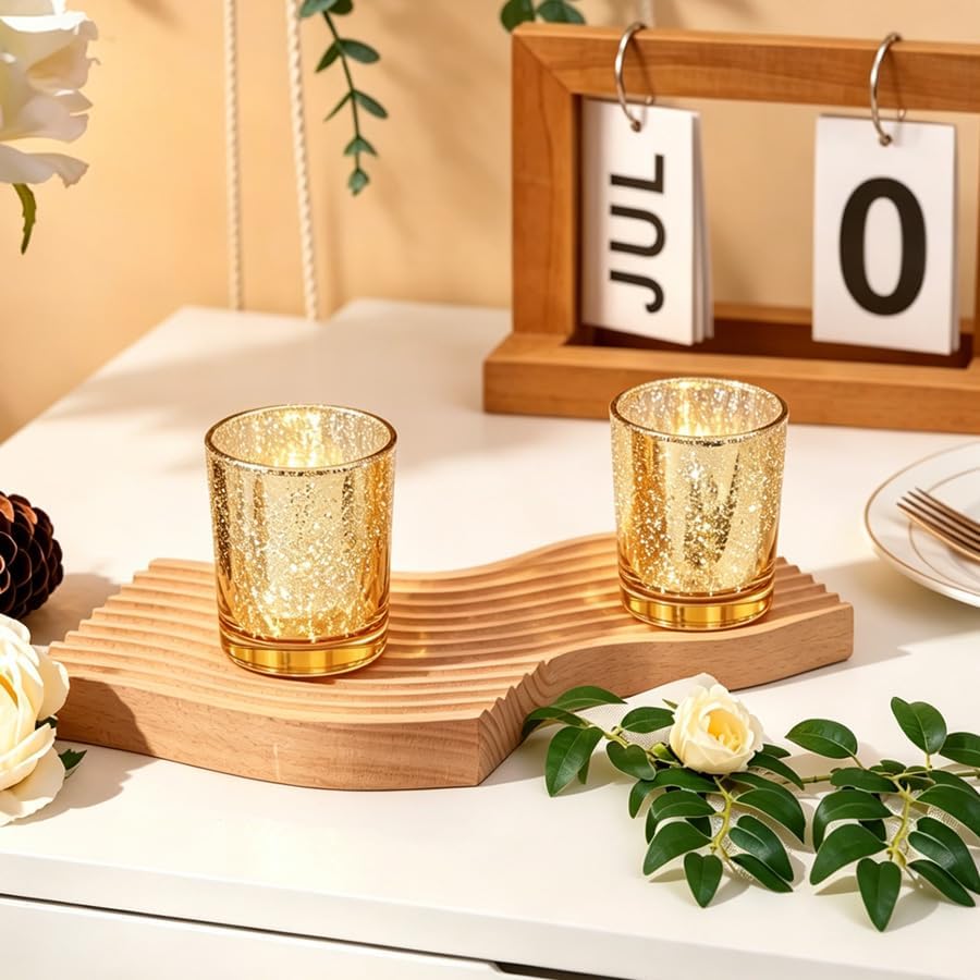 DARJEN 24 Pcs Gold Tea Lights Candles Holders for Wedding Centerpieces | Votive Candle Holders for Party Home Wedding Shower Decorations, Table - Mercury Glass Votives