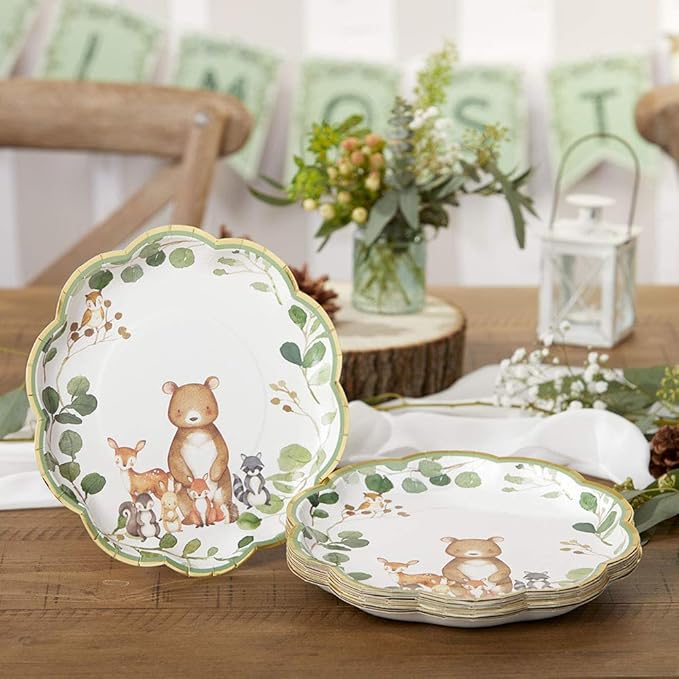 Kate Aspen Woodland Baby Shower Decorations, 62-Piece Disposable Paper Plates & Napkins Party Supplies for 16 Guests - Woodlands Animals Theme for Baby Boy Shower Table Decorations, Gender Reveal