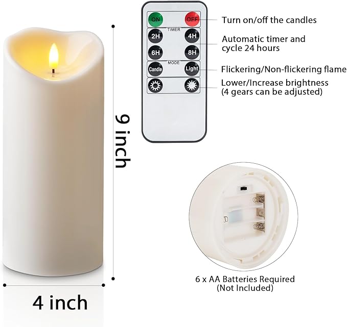 Amagic 4” x 9” Large Outdoor Waterproof Flameless Candles with Remote, Battery Operated Candles with Timer, Flickering Fake LED Pillar Candle for Patio Yard Porch Decor, Ivory White, Set of 2