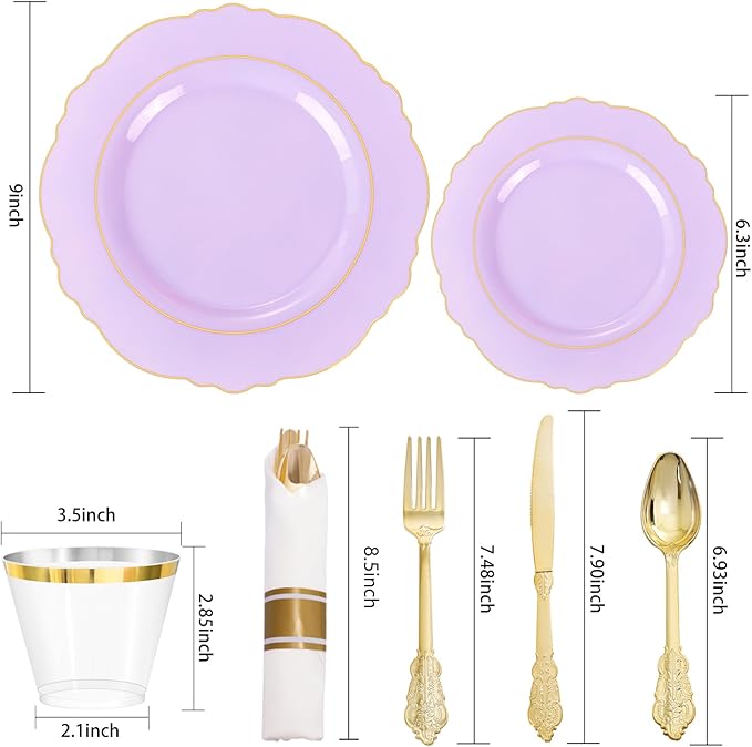 Liacere 350PCS Purple Plastic Plates - Disposable Light Purple and Gold Plates 50guest Baroque Plastic Dinnerware include 100Plates, 50Pack Pre Rolled Napkins with Silverware 50Cups for Mother's Day