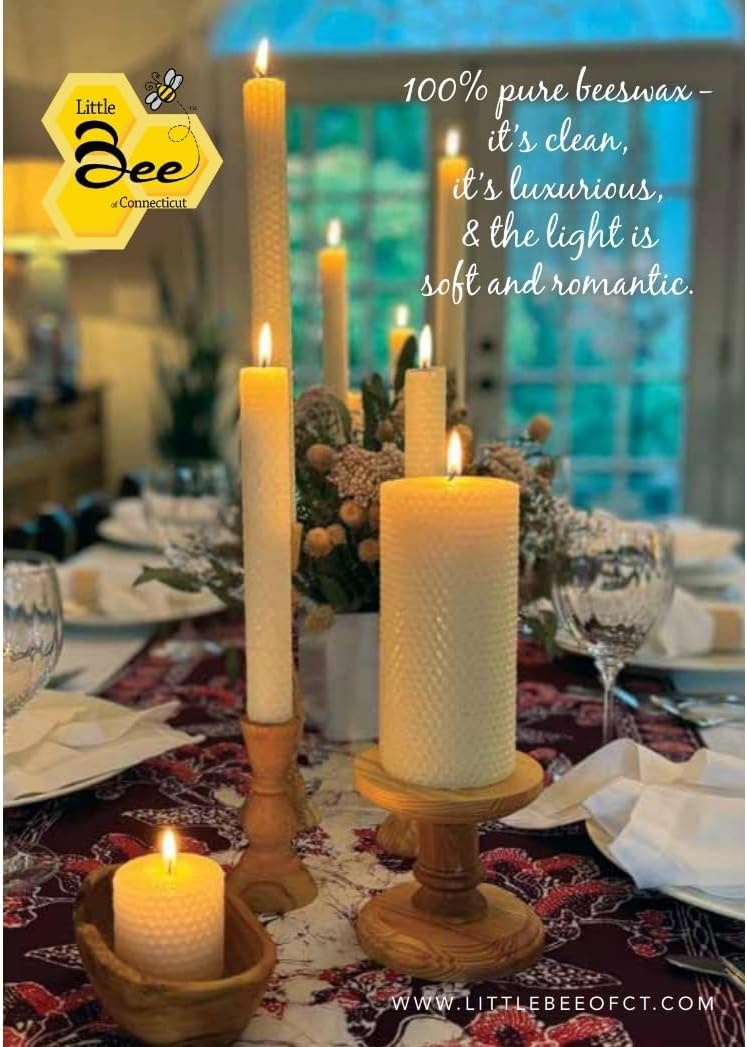 8" Hand Rolled Beeswax Taper Candle - Little Bee of Connecticut (One Pair) | Fits Any Size Taper Holder - 9 to 10 Hour Burn Time Each - 100% Cotton Wick - Made in Connecticut - 100% Pure Beeswax Candle