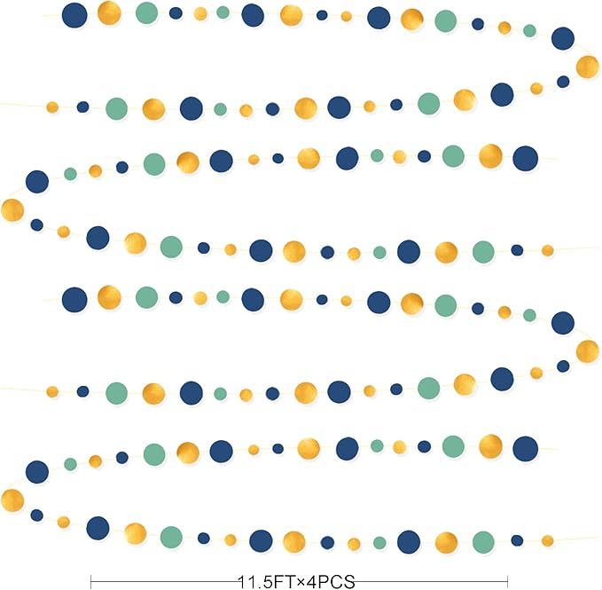 Blue Gold Green Decorations Circle Dots Garland Metallic Gold Navy Blue with Sage Green Hanging Polka Dot Streamer for Birthday Baby Shower Bridal Shower Wedding Bachelorette Engagement Party Supplies