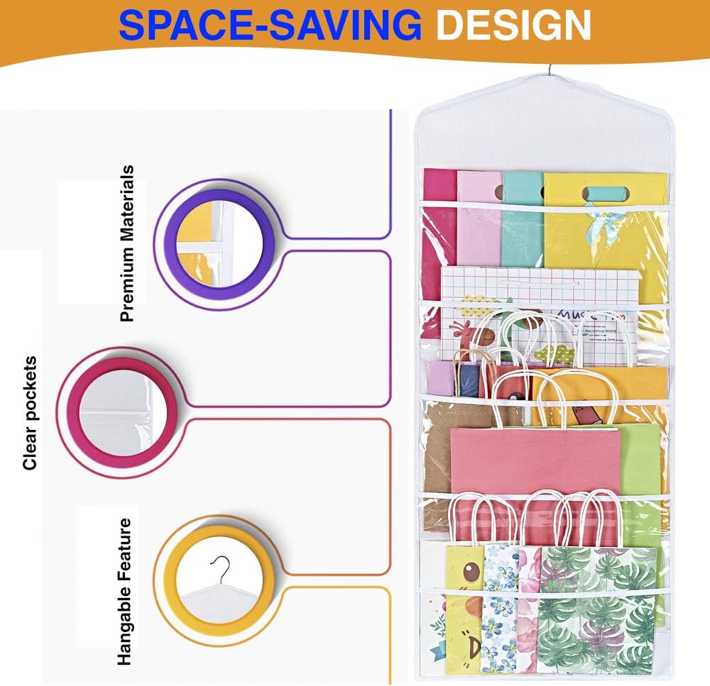 ProPik Hanging Double Sided Gift Bag Storage Organizer with Multiple Front and Back Pockets - Organize Your Gift Wrap, Tissue Paper, and Paper Bags 38 x 16 Inch PVC (White)