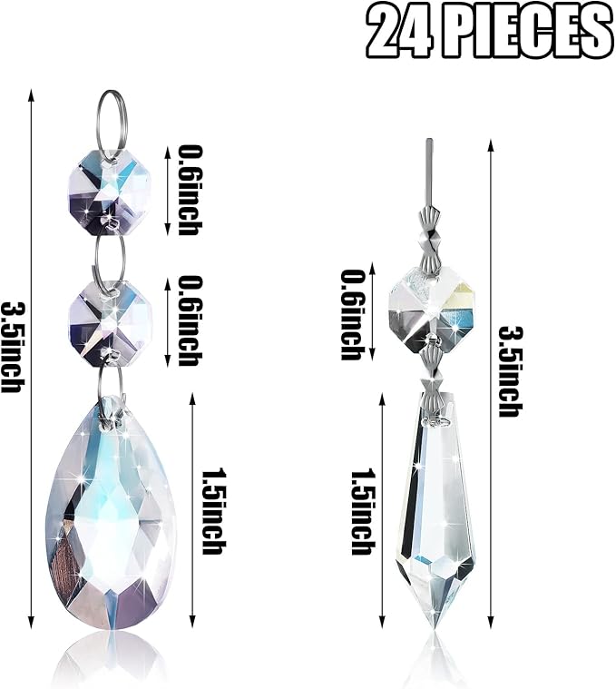 24 Pcs Chandelier Crystal Replacement 38 mm Teardrop & Icicle Crystal Prisms Hanging Gems Parts for Lamps and Chandeliers Suncatcher Christmas Tree Windows Home Decor (Clear)