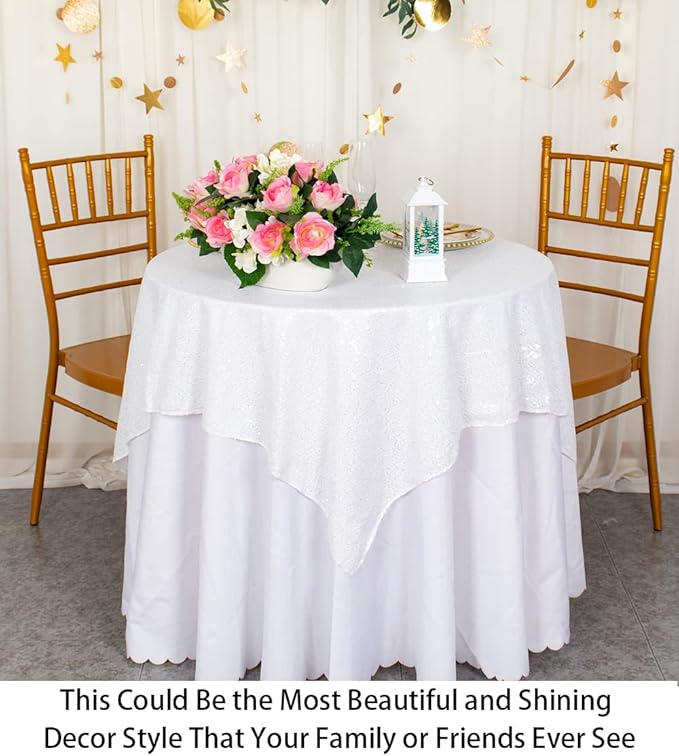 ShinyBeauty Sequin Tablecloth Square 54x54-Inch White Table Cloths for Round Table White Sequin Fabric Tablecloth Overlay Glitter Linen for Parties Small Square Tablecloth for Wedding