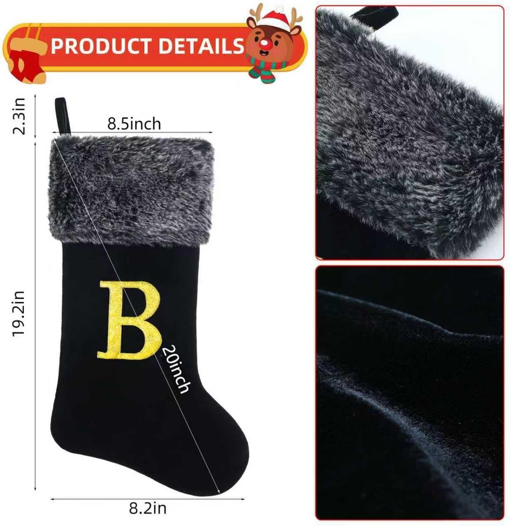 20 Inches Personalized Monogram Christmas Stocking, Deluxe Black Velvet with Faux Fur Trim, Embroidered Initial, Holiday Decor for Fireplace Mantel Gifts Letter E