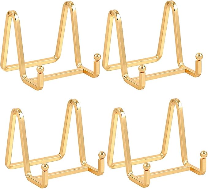 Plate Holder Easel Display Stand - 3 inch Metal Plate Stands for Display - Tabletop Picture Stand - Gold Iron Easels for Display Pictures | Photo Frames | Book | Decorative Plates | Plaque - 4 Pack