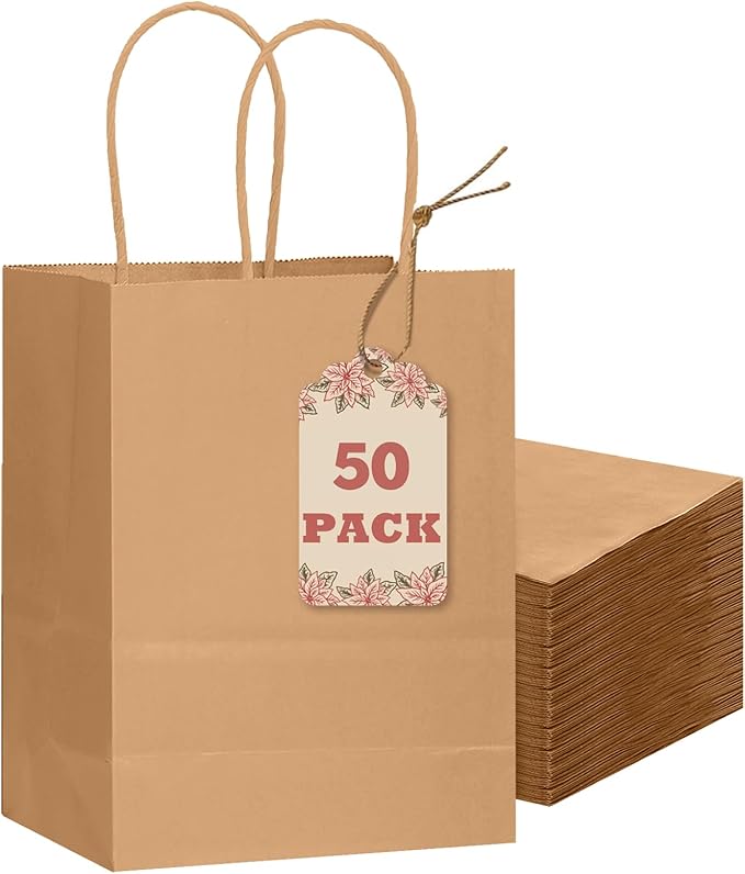 qiqee 50-Packs Brown Paper Gift Bags with Handles Bulk 8.3"x3"x 6" Small Size Paper Bags Multiple Uses(Small Size)