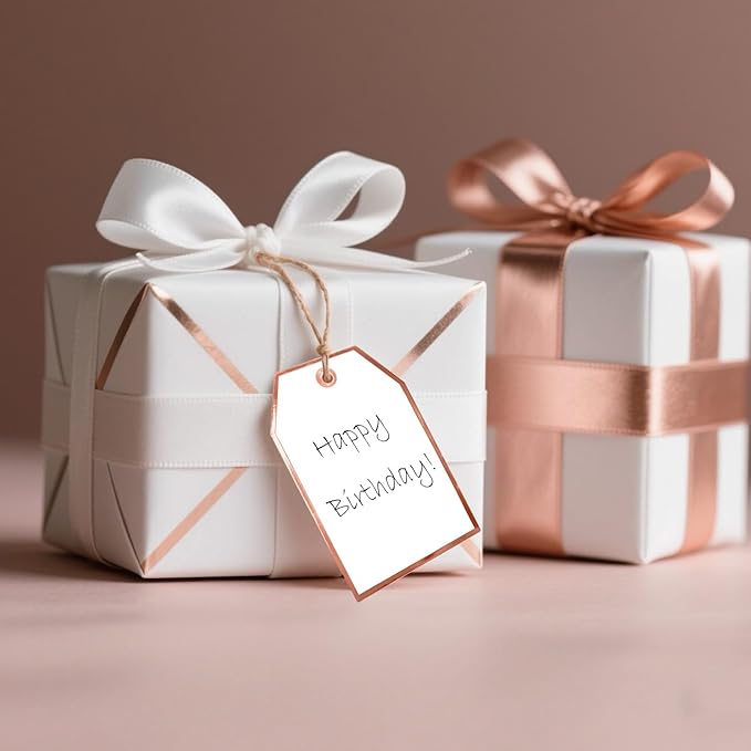 100Pcs Blank Gift Tags with String Attached Foil Rose Gold Frame Large White Paper Gift Tags Presents with 65 Ft Jute Twine for Birthday Wedding Baby Shower Graduation Gift Wrap Tag