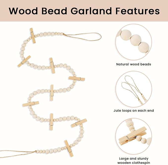 Hanging Photo Display Wall Decor, 3PCS Boho Wooden Bead Garland Collage Picture Frame with 9 Wood Clips for Bedroom, Living Room, Office, Dorm Decor, Photos Holder Teen Girl Gifts