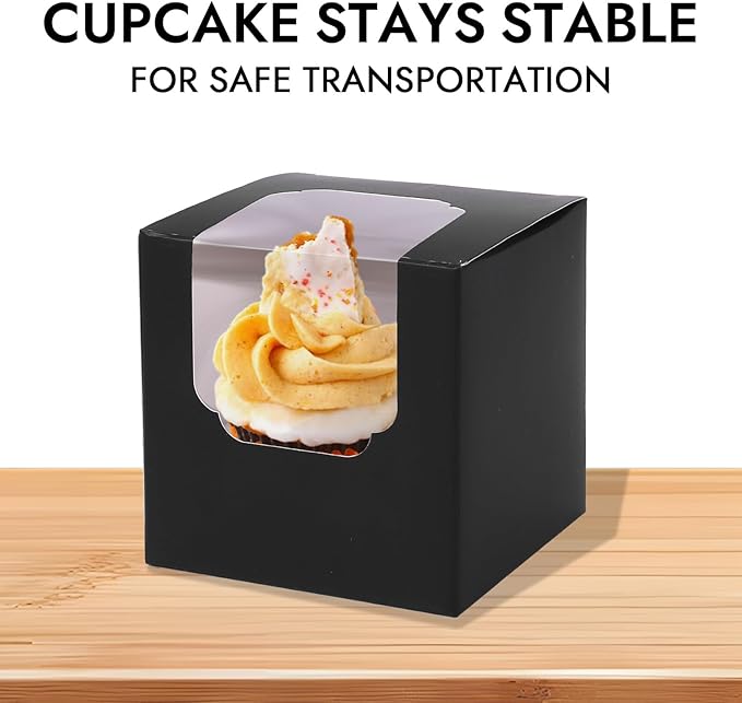 JCD 70 packs Black Cupcake Boxes Individual Cupcake Container 3.5" x 3.5" x 3.5" Auto-Pop up Single cake Box (70 Boxes+70 Inserts) (Black/70Pcs)