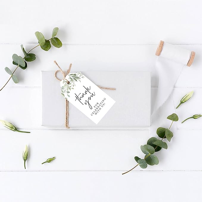 Andaz Press 100-Pack Thank You for Celebrating with Us Favor Tags Greenery Leaves Cardstock Gift Tags with Bakers Twine for Wedding Baby Shower Bridal Shower Birthday Party Favors 2 x 3.75-Inches