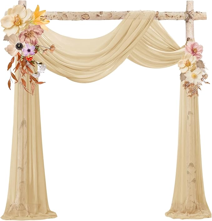 VOK Wedding Arch Draping Fabric Chiffon Fabric, 29in x 18Ft 2 Panels Sheer Chiffon Outdoor Curtain for Wedding Ceremony Birthday Party Decoration (Champagne,2 Panel)