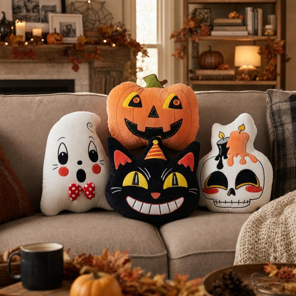 4Pcs Halloween Pillows Skeleton Ghost Black Cat Vintage Retro Traditional 90S...