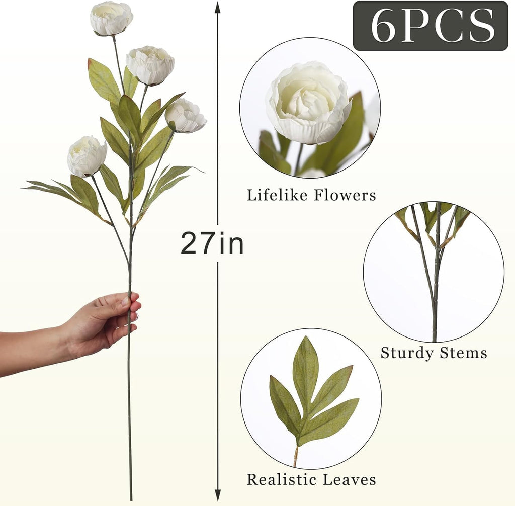 VIERENA 6 Pcs Faux Silk Peony Artificial Flowers for Vase -27", Bulk Fake Peonies Branches with Stems for DIY Bouquet Centerpieces Wedding Fillers Arrangements Shower Decorations (Cream)