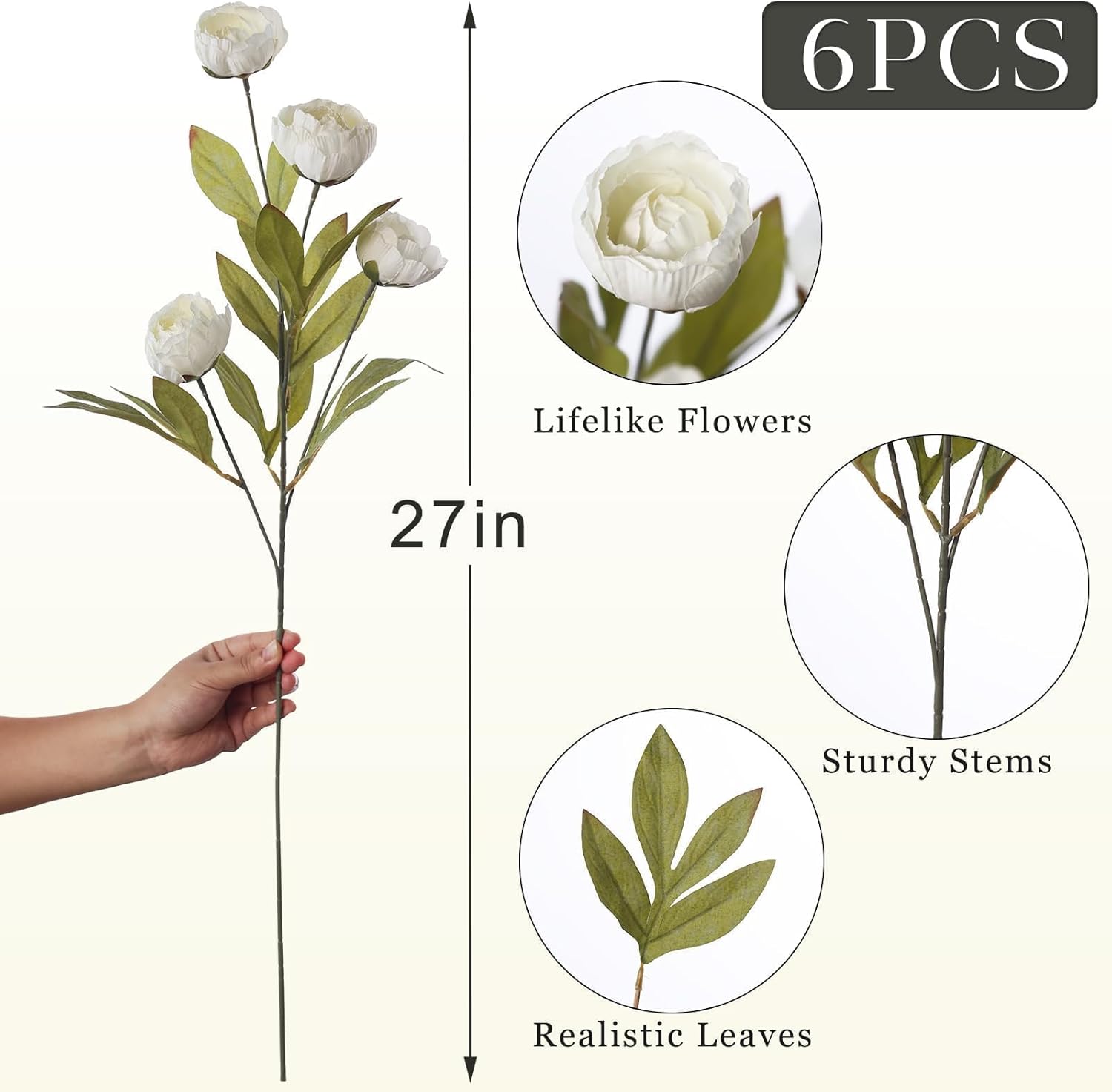 VIERENA 6 Pcs Faux Silk Peony Artificial Flowers for Vase -27", Bulk Fake Peonies Branches with Stems for DIY Bouquet Centerpieces Wedding Fillers Arrangements Shower Decorations (Cream)