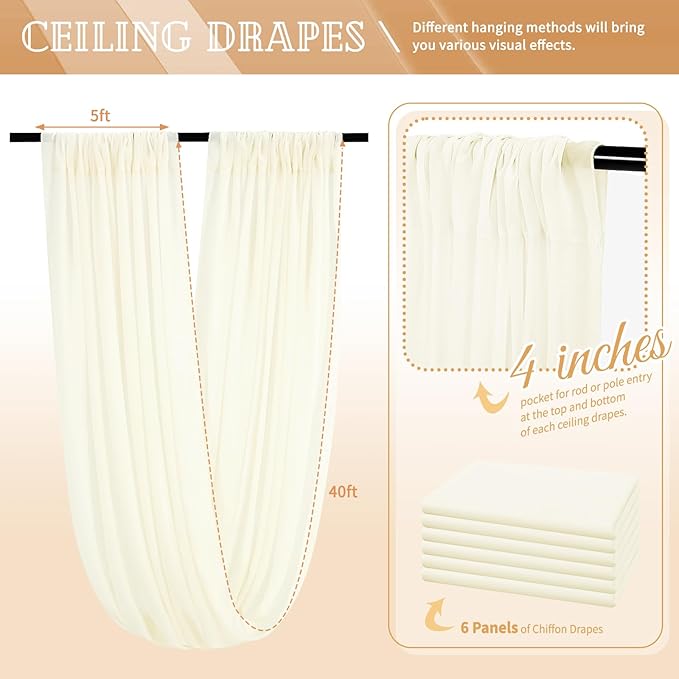 6 Panels Ivory Ceiling Drapes for Wedding 5ftx40ft Sheer Drapery Chiffon Fabric Arch Draping Curtains for Party Ceremony Birthday Baby Shower Reception Stage Ceiling Decorations