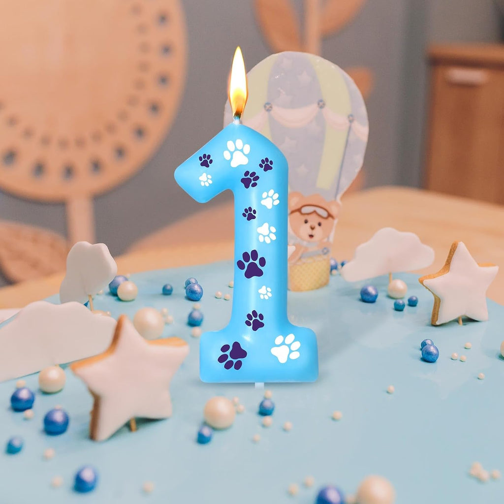 Threlaco Blue Dog Paw Birthday Number Candles Dog Paw Numeral Cake Topper Decorations for Kids Boy Girl Blue Birthday Decoration Party Supplies(Number 1)