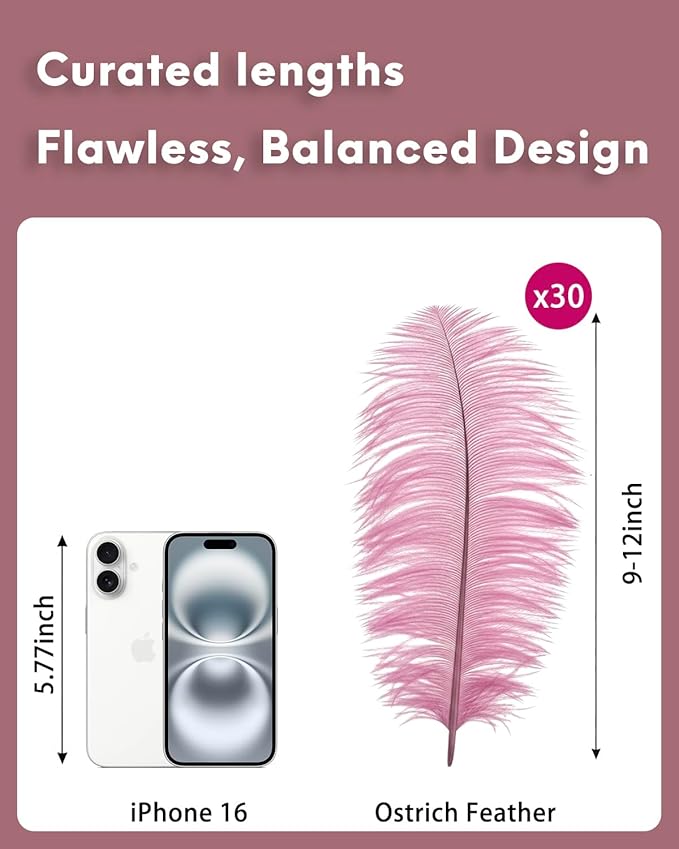 NEWONG 30pcs Peony Pink Ostrich Feathers Natural Bulk 9-12inch(23-30cm) Vase Craft Wedding Home Party Centerpieces Christmas Day Decoration
