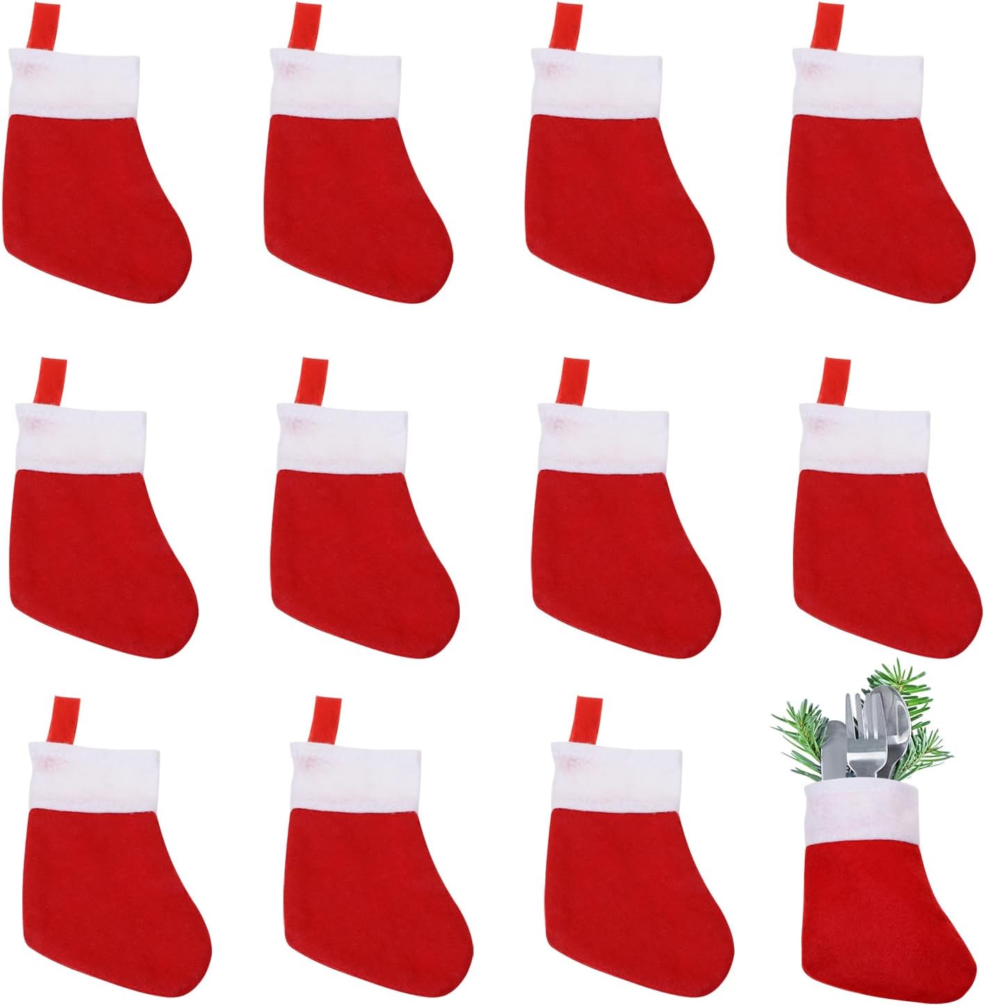 PENTA ANGEL Mini Christmas Stocking 12Pcs Red Snowflake Xmas Socks Knife Spoon Fork Pouch Bags for Thanksgiving New Year Party Silverware Holder Christmas Tree Fireplace Decoration (Classic, Red)