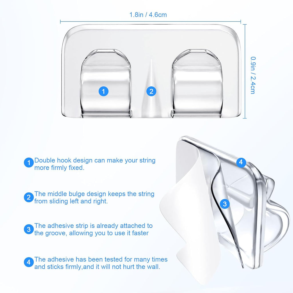 Hetyue Hooks for Outdoor String Lights Clips: 26Pcs Heavy Duty Light Hook with Waterproof Adhesive Strips - Outside Clear Cord Holders for Hanging Christmas Lighting - Outdoors Sticky Clip
