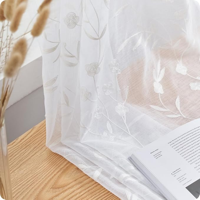 White Sheer Curtains Embroidery 72 Inch Length Rod Pocket Voile Drapes for Living room, Bedroom, Outdoor, Nursery Curtain Semi Flower Curtain Panels for Baby, Womaen, Garden, Lawn, Set of 2, 52"x 72".