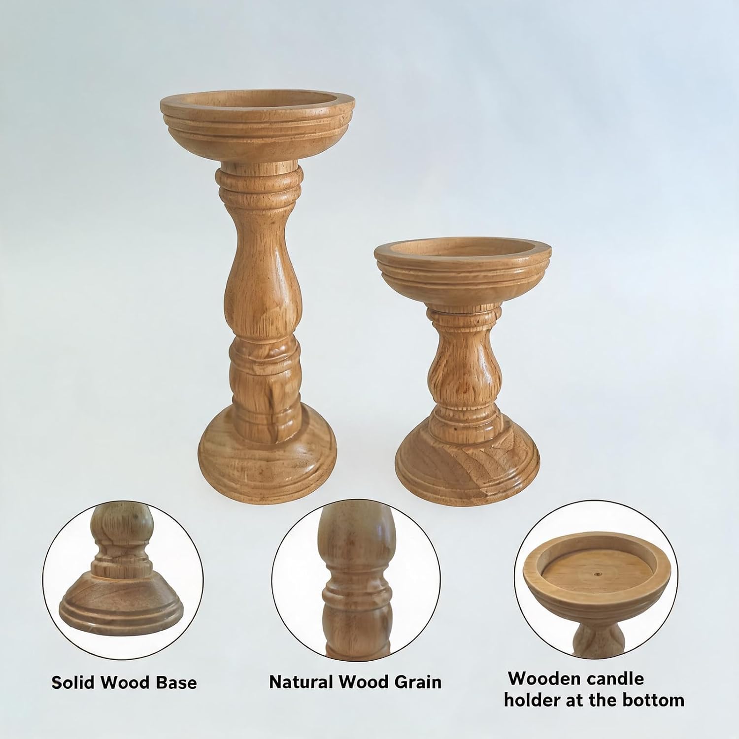 Farmhouse Wood Candle Holders for Pillar Candles Set of 2, Rustic Wooden Candlestick Holders Tall Candle Stand Decor, Solid Wood Table Centerpiece for Living Room Mantel, Brown