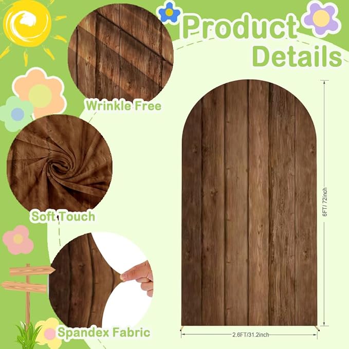 Wood Arch Cover 6ft Arch-Backdrop-Cover Jungle Theme Arched Stand Covers Wooden Arches Backdrop Double Sided Wood & White Cover for Back Drop Stand for Baby Shower Wild First Birthday Décor