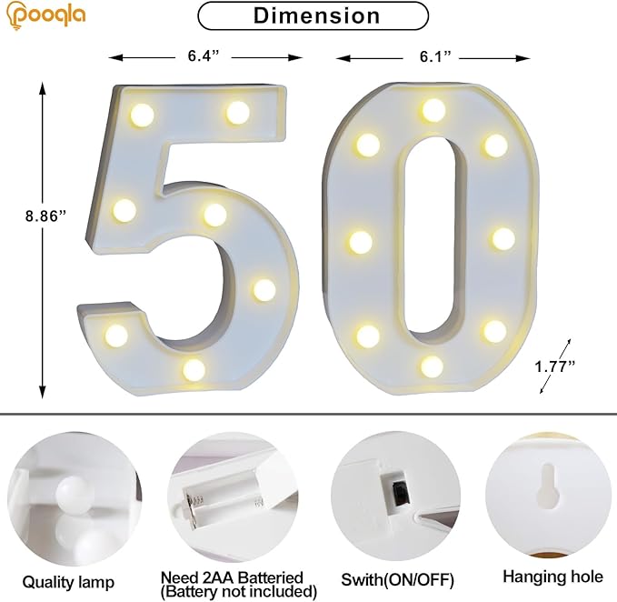 Pooqla 50th Birthday Decorations for Women Men, Light Up Numbers 50 for Party Table Backdrop Wall Decors, 50th Birthday Gift for Her Him, Marquee Number for Wedding Anniversary Decorations