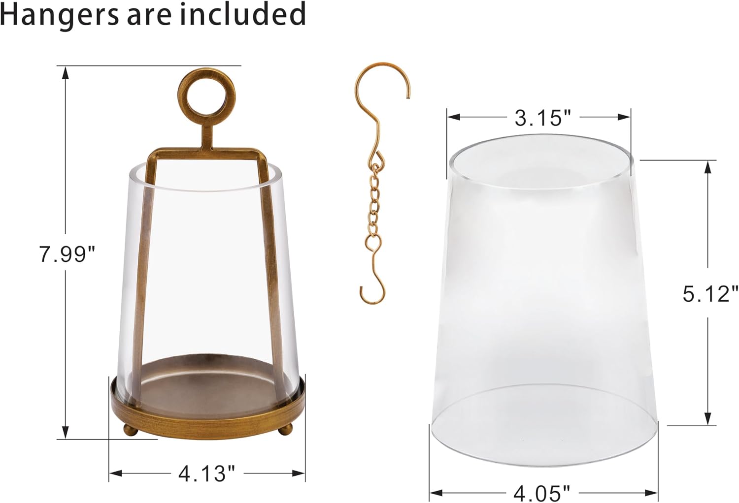 4“ Wide Modern Farmhouse Metal Hurricane Candle Holder with Handmade Sturdy Glass Sleeve in Vintage Brass for 2" Pillar Candle & Plants, Glass Hurricane Lantern, Industrial, Minimalistic