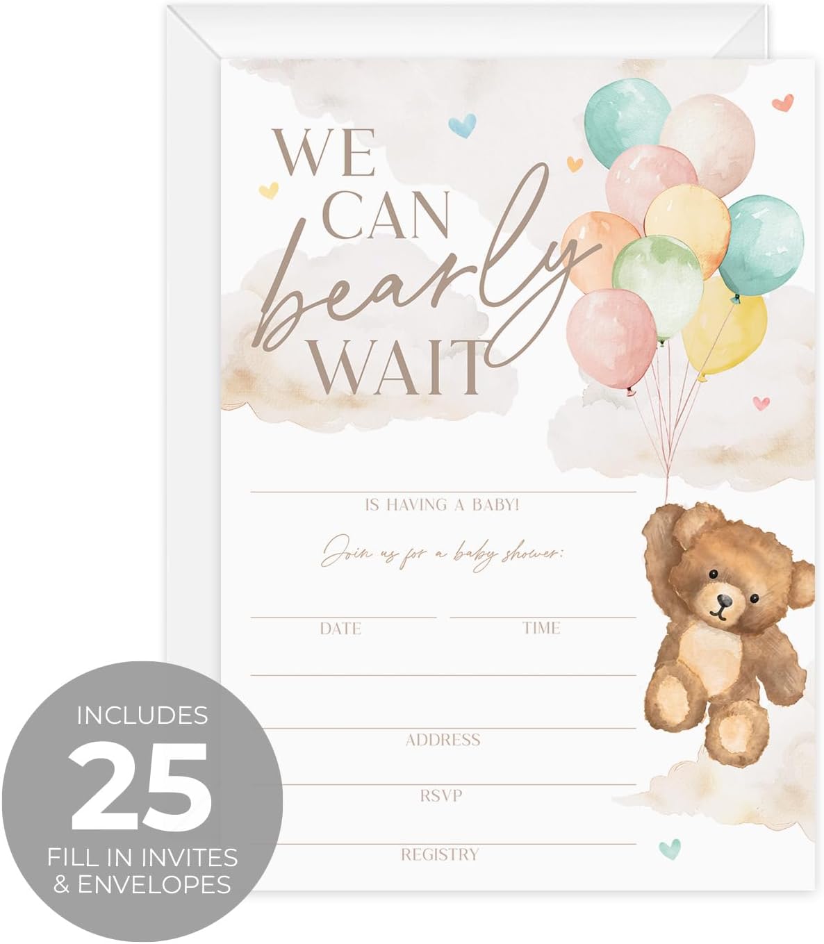 We Can Bearly Wait Baby Shower Invitations / 25 Barely Wait Teddy Bear Gender Neutral Baby Shower Invites With White Envelopes / 5" x 7" Flat Fill In Gender Reveal Boy Or Girl Invitation Cards / Made In The USA