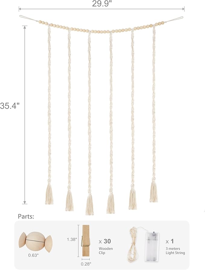 Mkono Macrame Hanging Photo Display Wall Decor with String Lights, Boho Wooden Beads Garland Collage Picture Card Frame Holder with 30 Clips for Bedroom Living Room Dorm, Teen Girls Christmas Gifts