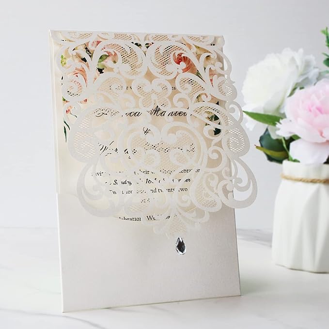Hosmsua 50PCS Personalized Wedding Invitations Kit 5.12 x 7.3 Laser Cut Hollow Rose Rhinestone Pocket with Envelope for Wedding Quinceanera Invite (White Ivory)