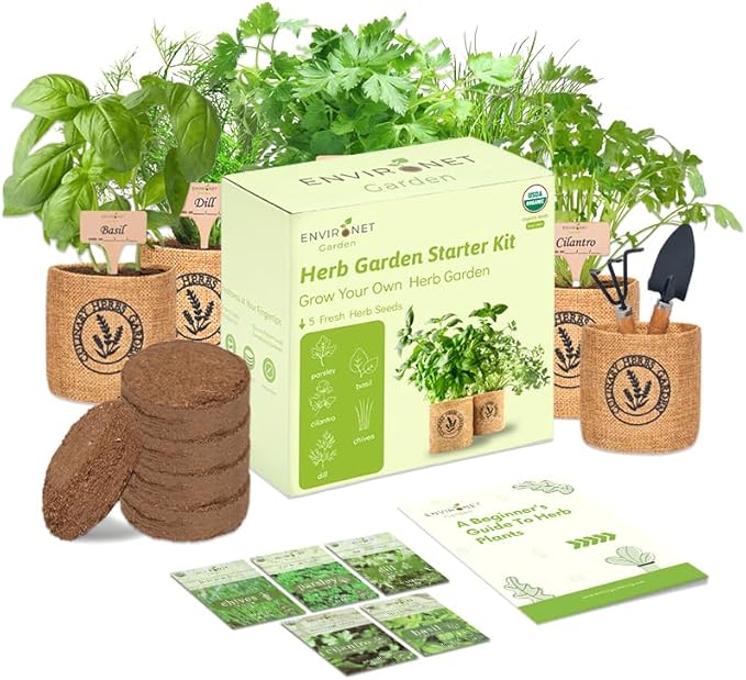 5 Herb Indoor Garden Kit-Burlap Pots, Organic Seeds & Complete Growing Herb Garden Set, Easy Kitchen Garden, Unique Seeds Starter kit, Basil, Parsley, Chives, Cilantro, Dill