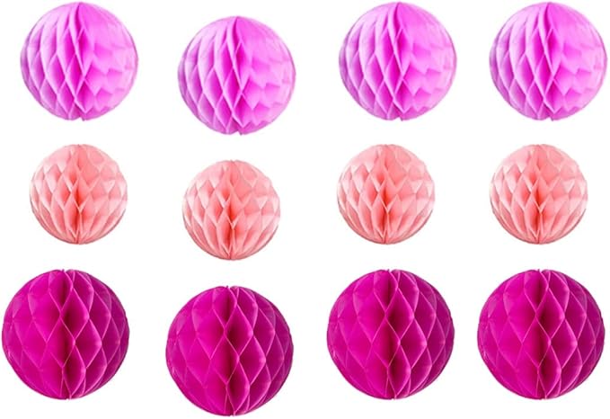 12pcs Party Honeycomb Balls Decorations 4'' 8'' 10'' Honeycomb Ball Flower Tissue Pom Poms Flower Balls Hanging Flower Balls for Baby Shower Birthday Wedding Nursery Wall Decor(4'' 8'' 10'' Pink Kit)