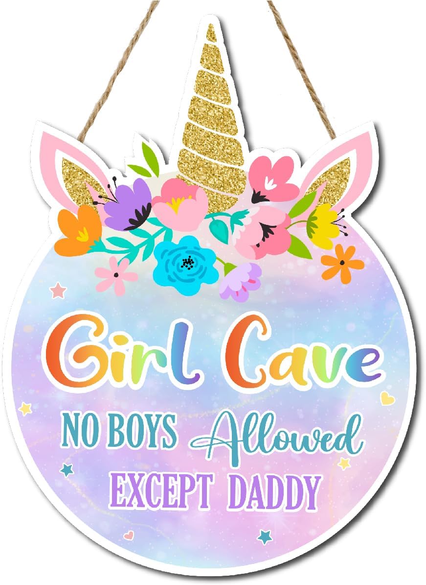 Unicorn Theme Room Decor,Girl Cave Wall Sign Decor,Pink Purple Rainbow Wall Art Decor for Girls,Unicorn Wood Hanging Sign for Baby Girls Bedroom Living Room